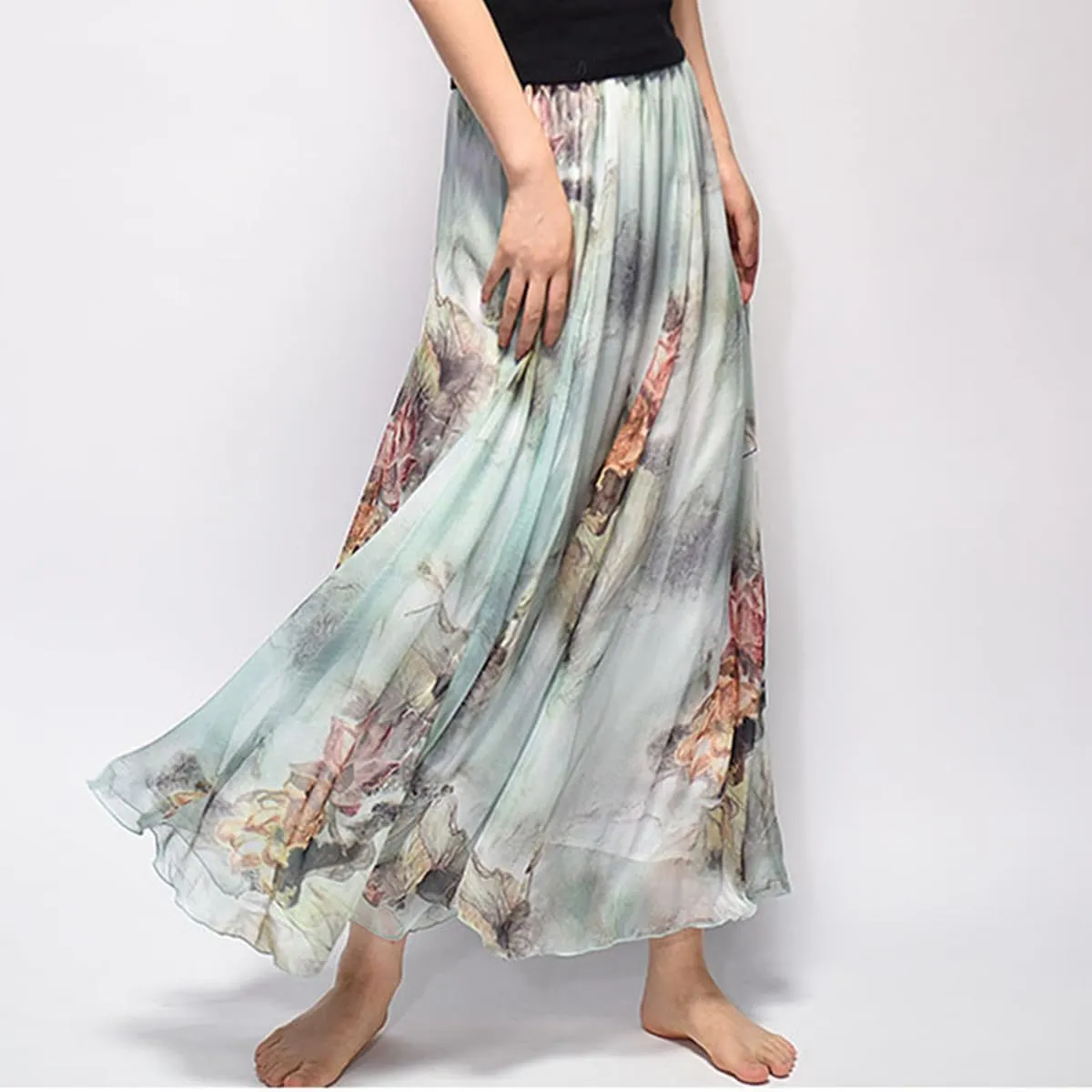Womens Chiffon Long Skirt Elastic High Waist Floral Printed Maxi Skirts Tiered Pleated A Line Boho Long Skirts