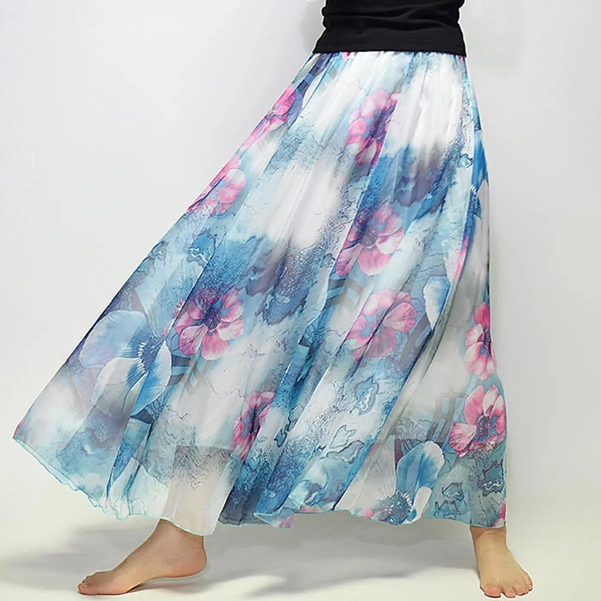 Womens Chiffon Long Skirt Elastic High Waist Floral Printed Maxi Skirts Tiered Pleated A Line Boho Long Skirts
