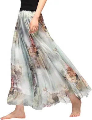 Womens Chiffon Long Skirt Elastic High Waist Floral Printed Maxi Skirts Tiered Pleated A Line Boho Long Skirts