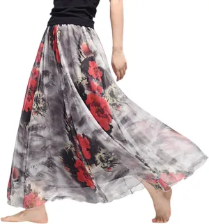 Womens Chiffon Long Skirt Elastic High Waist Floral Printed Maxi Skirts Tiered Pleated A Line Boho Long Skirts