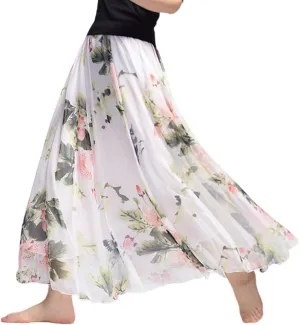 Womens Chiffon Long Skirt Elastic High Waist Floral Printed Maxi Skirts Tiered Pleated A Line Boho Long Skirts