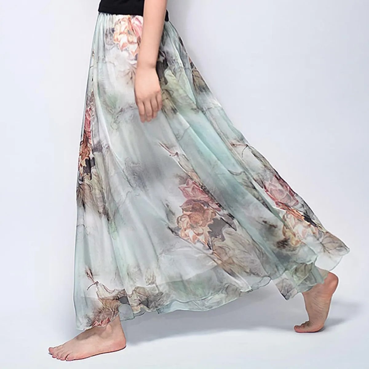 Womens Chiffon Long Skirt Elastic High Waist Floral Printed Maxi Skirts Tiered Pleated A Line Boho Long Skirts