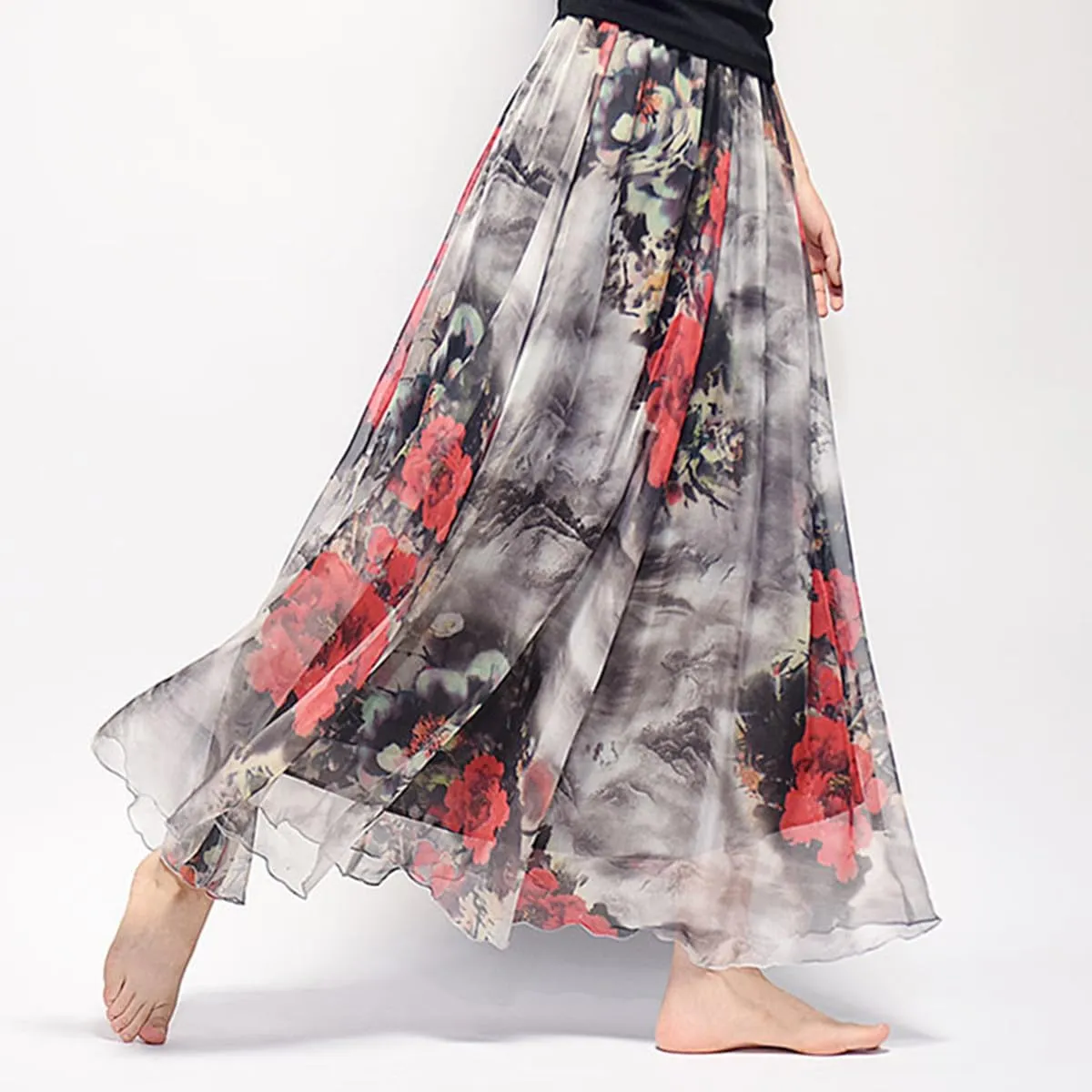 Womens Chiffon Long Skirt Elastic High Waist Floral Printed Maxi Skirts Tiered Pleated A Line Boho Long Skirts