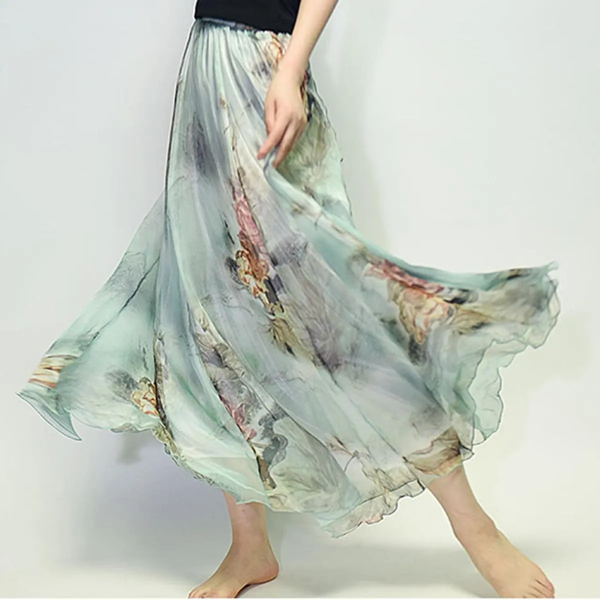 Womens Chiffon Long Skirt Elastic High Waist Floral Printed Maxi Skirts Tiered Pleated A Line Boho Long Skirts