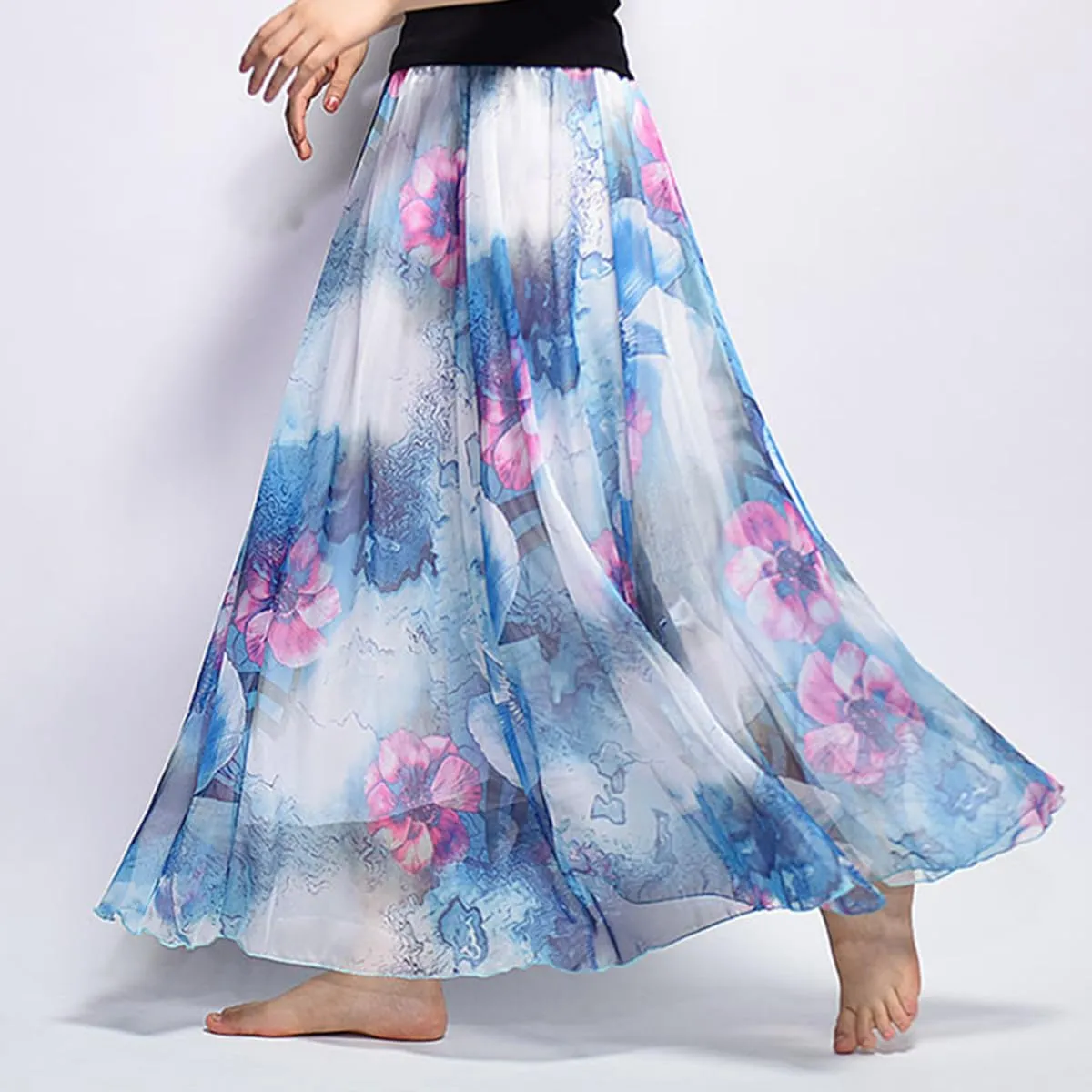 Womens Chiffon Long Skirt Elastic High Waist Floral Printed Maxi Skirts Tiered Pleated A Line Boho Long Skirts