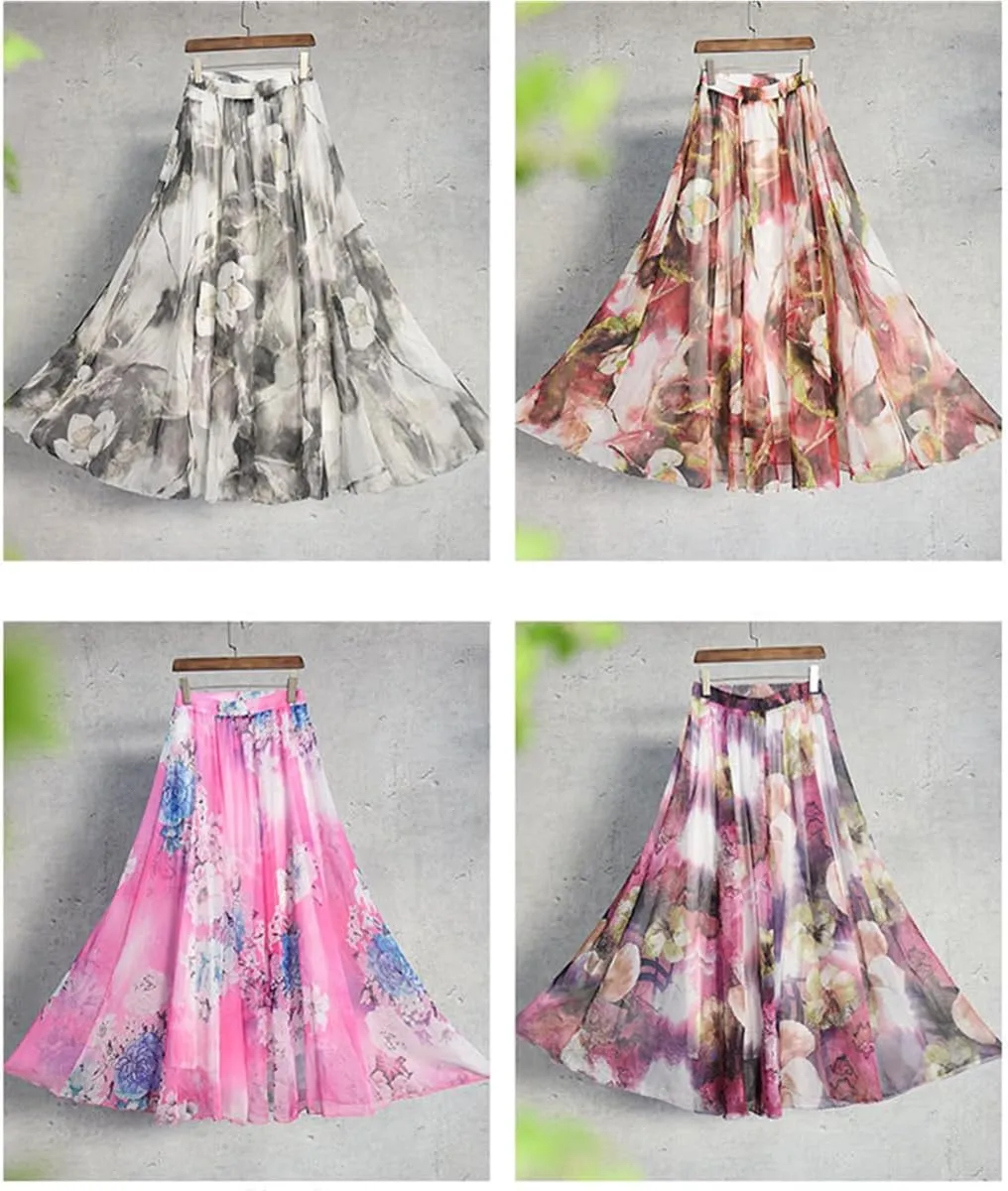Womens Chiffon Long Skirt Elastic High Waist Floral Printed Maxi Skirts Tiered Pleated A Line Boho Long Skirts