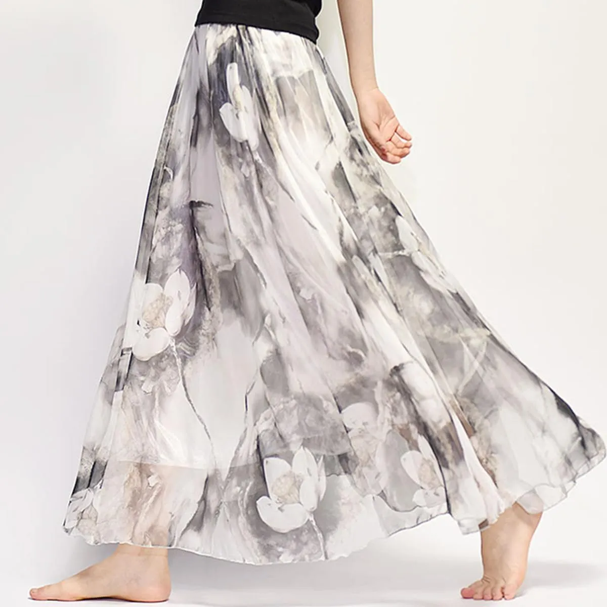 Womens Chiffon Long Skirt Elastic High Waist Floral Printed Maxi Skirts Tiered Pleated A Line Boho Long Skirts
