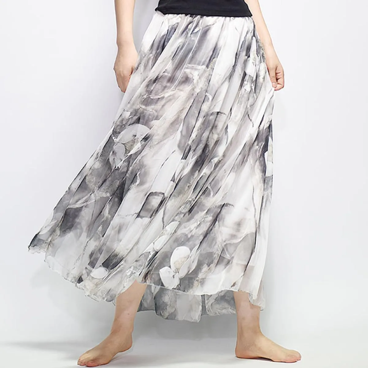 Womens Chiffon Long Skirt Elastic High Waist Floral Printed Maxi Skirts Tiered Pleated A Line Boho Long Skirts