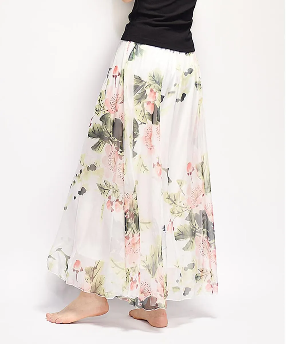 Womens Chiffon Long Skirt Elastic High Waist Floral Printed Maxi Skirts Tiered Pleated A Line Boho Long Skirts