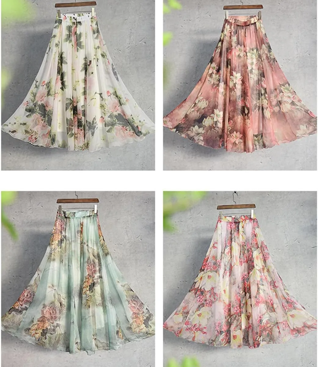 Womens Chiffon Long Skirt Elastic High Waist Floral Printed Maxi Skirts Tiered Pleated A Line Boho Long Skirts