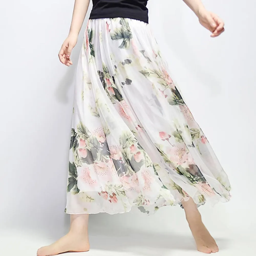 Womens Chiffon Long Skirt Elastic High Waist Floral Printed Maxi Skirts Tiered Pleated A Line Boho Long Skirts