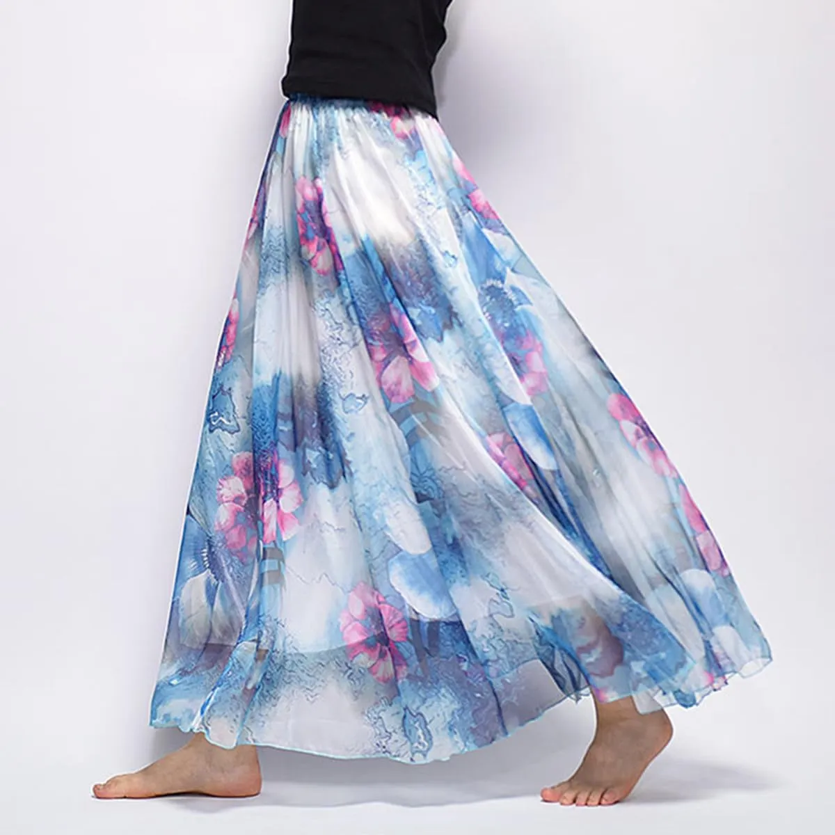 Womens Chiffon Long Skirt Elastic High Waist Floral Printed Maxi Skirts Tiered Pleated A Line Boho Long Skirts