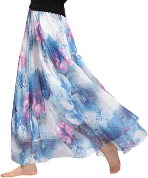 Womens Chiffon Long Skirt Elastic High Waist Floral Printed Maxi Skirts Tiered Pleated A Line Boho Long Skirts