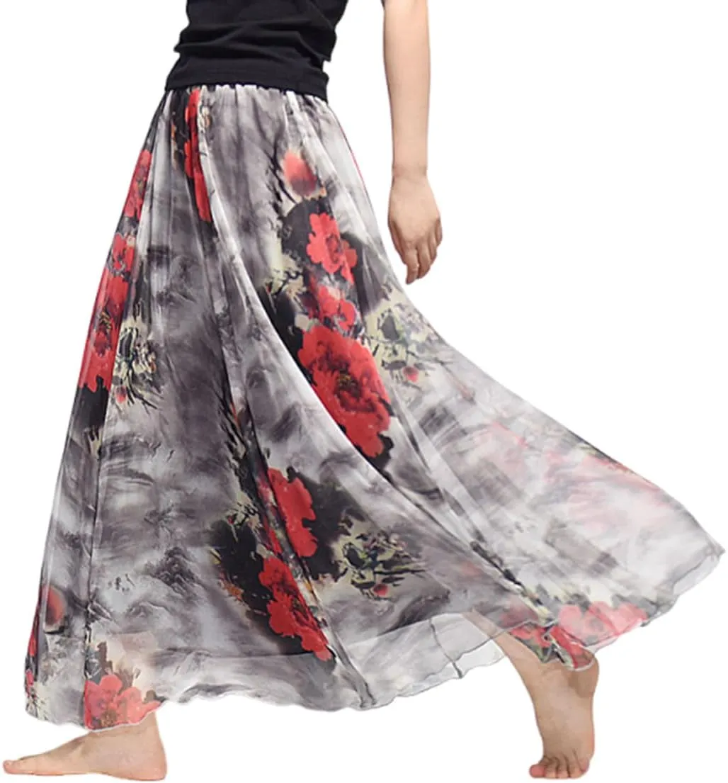 Womens Chiffon Long Skirt Elastic High Waist Floral Printed Maxi Skirts Tiered Pleated A Line Boho Long Skirts