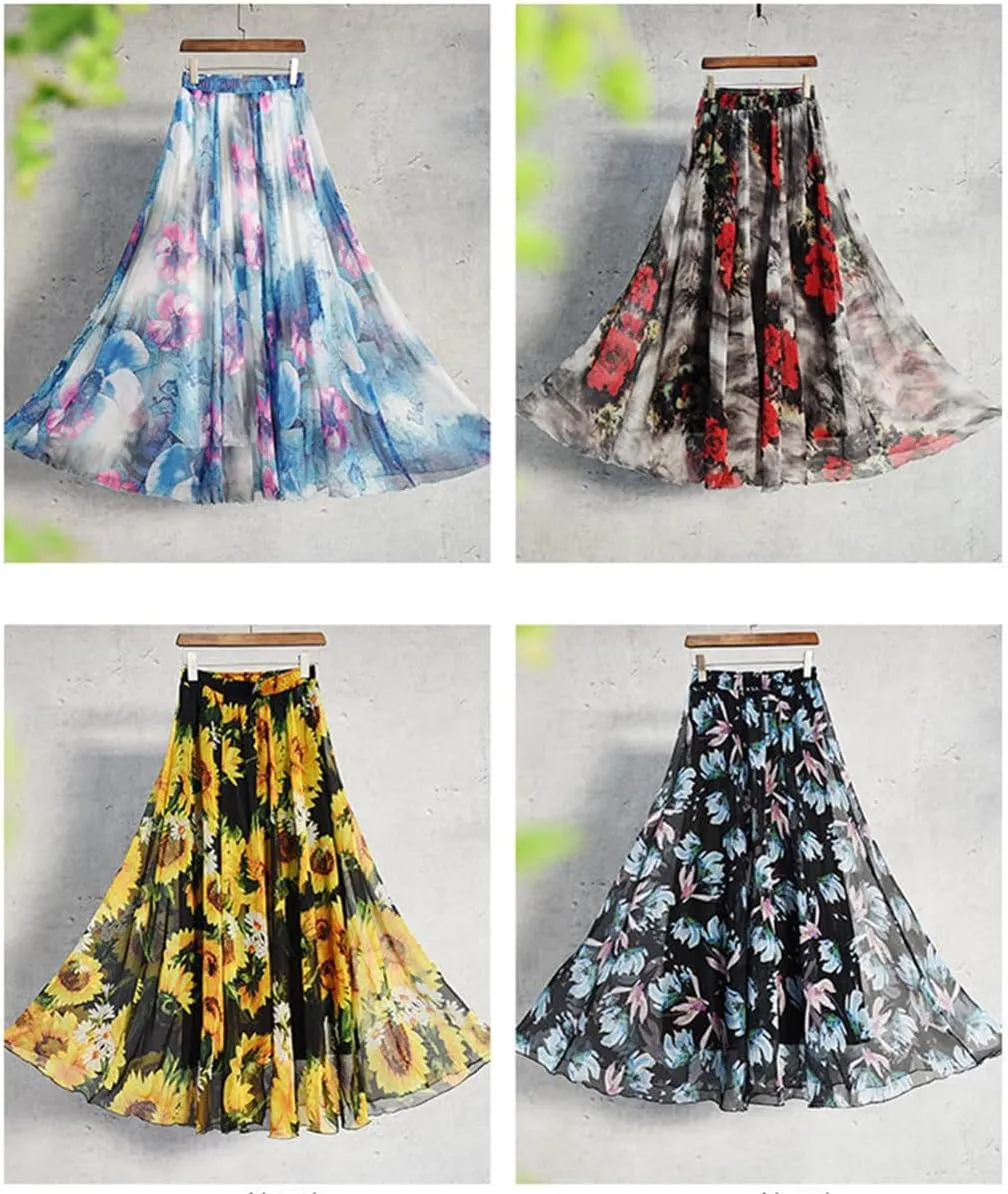 Womens Chiffon Long Skirt Elastic High Waist Floral Printed Maxi Skirts Tiered Pleated A Line Boho Long Skirts