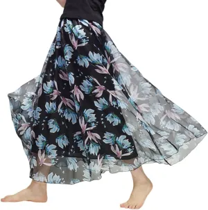 Womens Chiffon Long Skirt Elastic High Waist Floral Printed Maxi Skirts Tiered Pleated A Line Boho Long Skirts