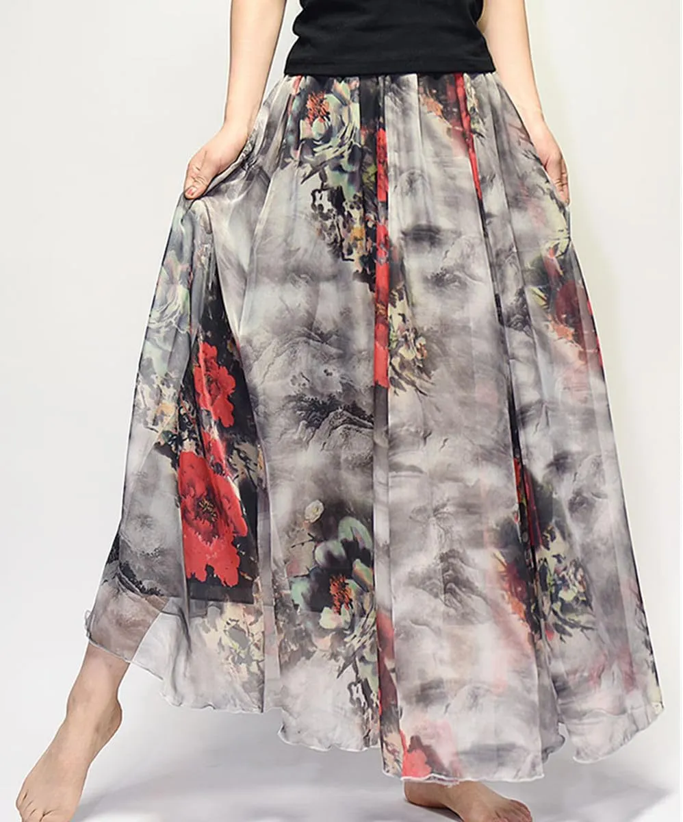 Womens Chiffon Long Skirt Elastic High Waist Floral Printed Maxi Skirts Tiered Pleated A Line Boho Long Skirts
