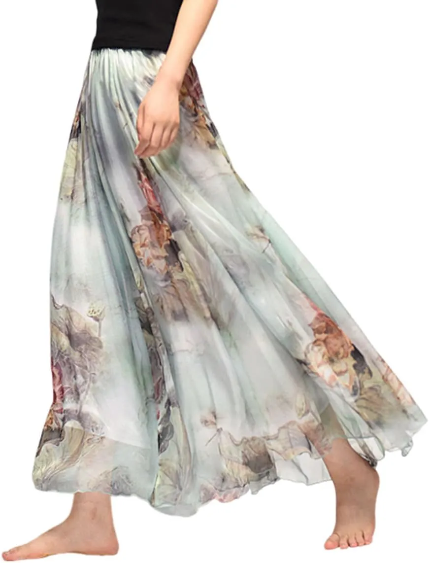 Womens Chiffon Long Skirt Elastic High Waist Floral Printed Maxi Skirts Tiered Pleated A Line Boho Long Skirts