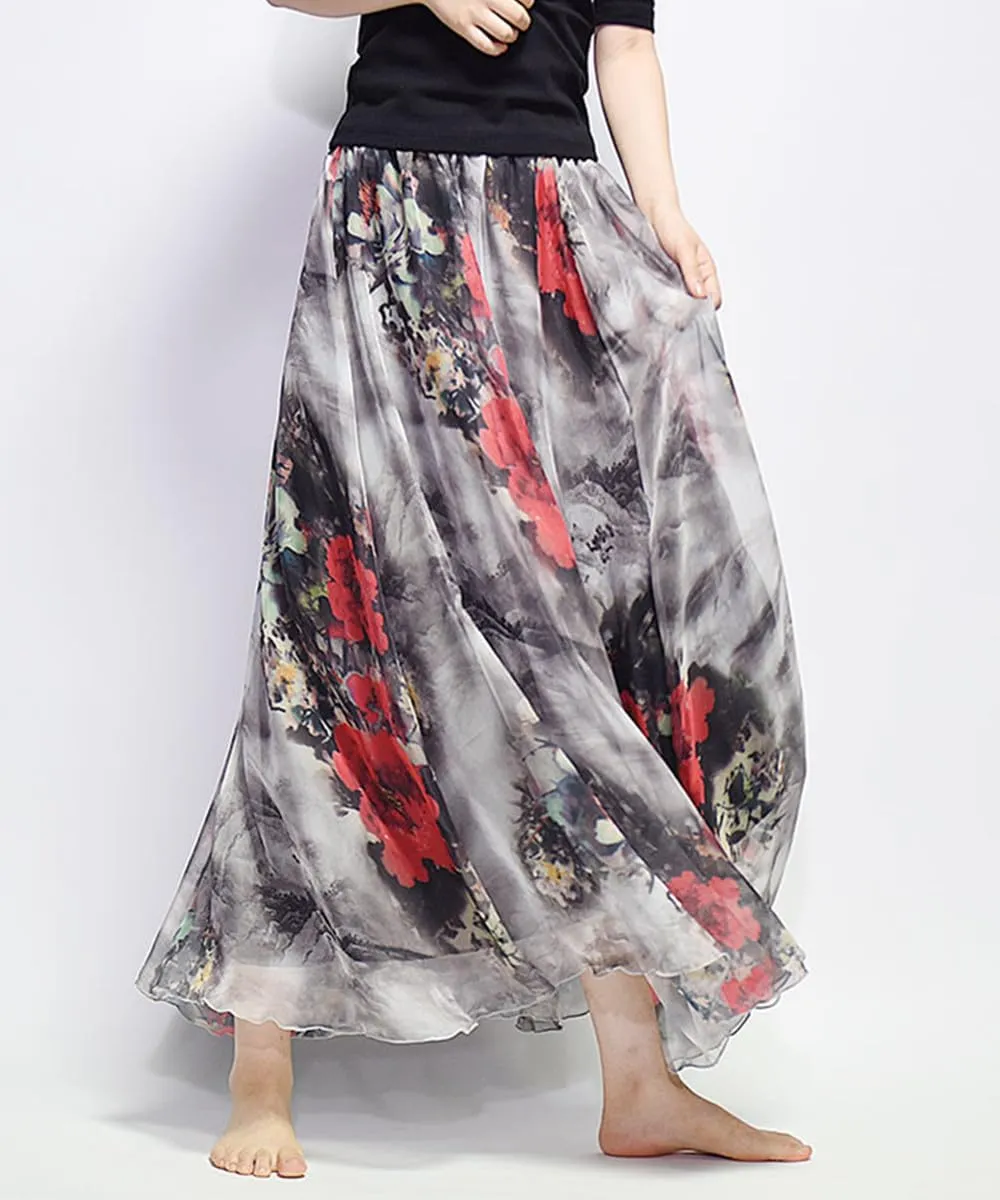 Womens Chiffon Long Skirt Elastic High Waist Floral Printed Maxi Skirts Tiered Pleated A Line Boho Long Skirts