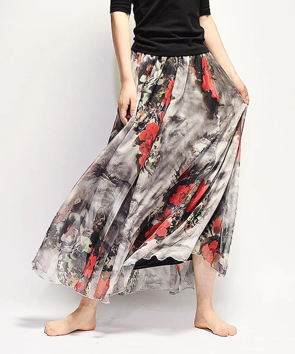 Womens Chiffon Long Skirt Elastic High Waist Floral Printed Maxi Skirts Tiered Pleated A Line Boho Long Skirts
