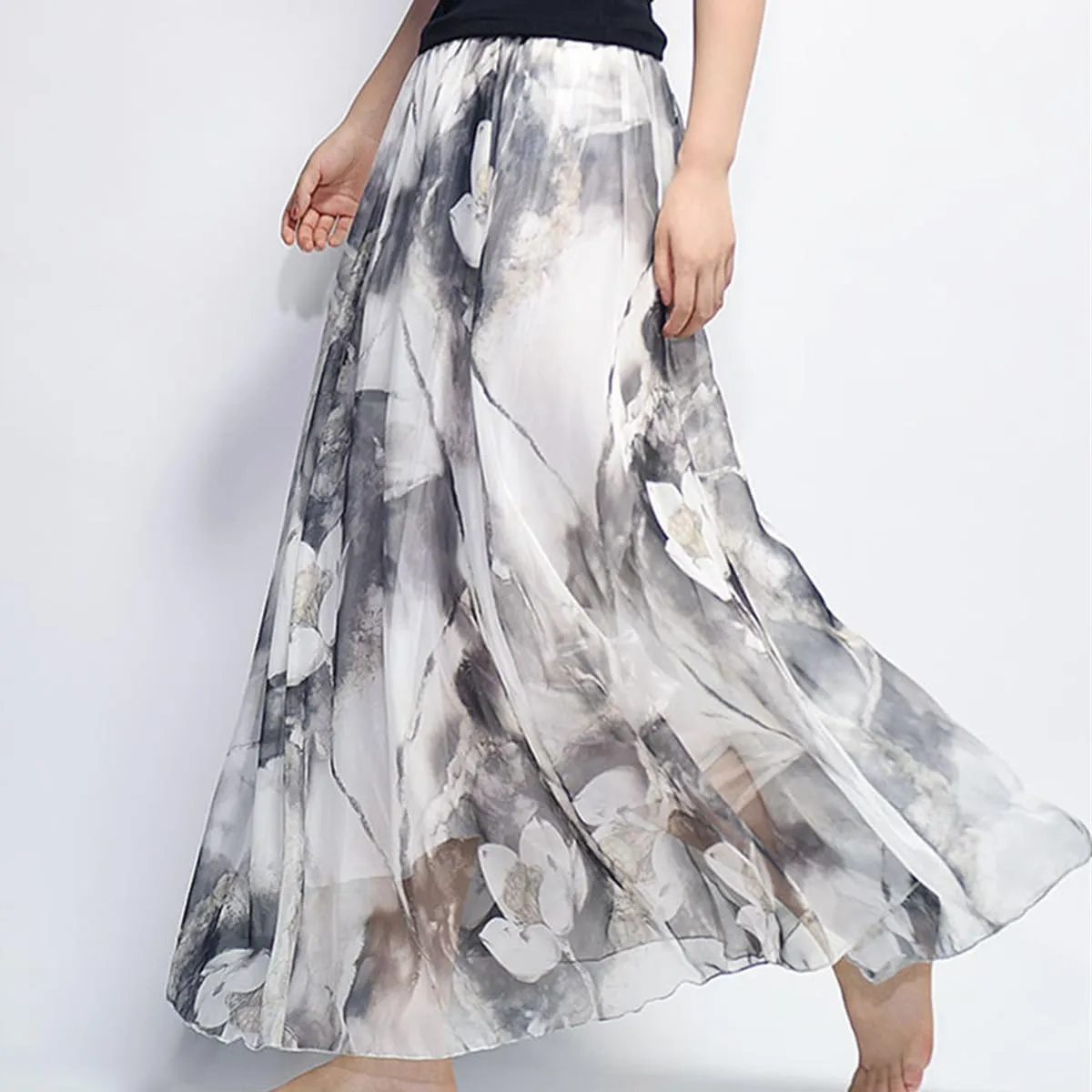 Womens Chiffon Long Skirt Elastic High Waist Floral Printed Maxi Skirts Tiered Pleated A Line Boho Long Skirts