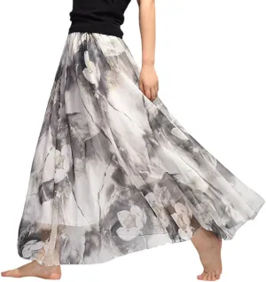 Womens Chiffon Long Skirt Elastic High Waist Floral Printed Maxi Skirts Tiered Pleated A Line Boho Long Skirts
