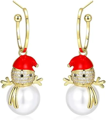 Women's Christmas earrings, Cute Snowman Dangle Drop Stud Earrings Sterling Silver Cubic Zirconia Pearl Dangling Hoop Earrings for Women Christmas Gifts