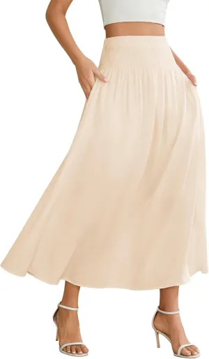Women's Elastic High Waisted Midi Skirts with Pockets Trendy A-Line Flowy Swing Basic Skirt
