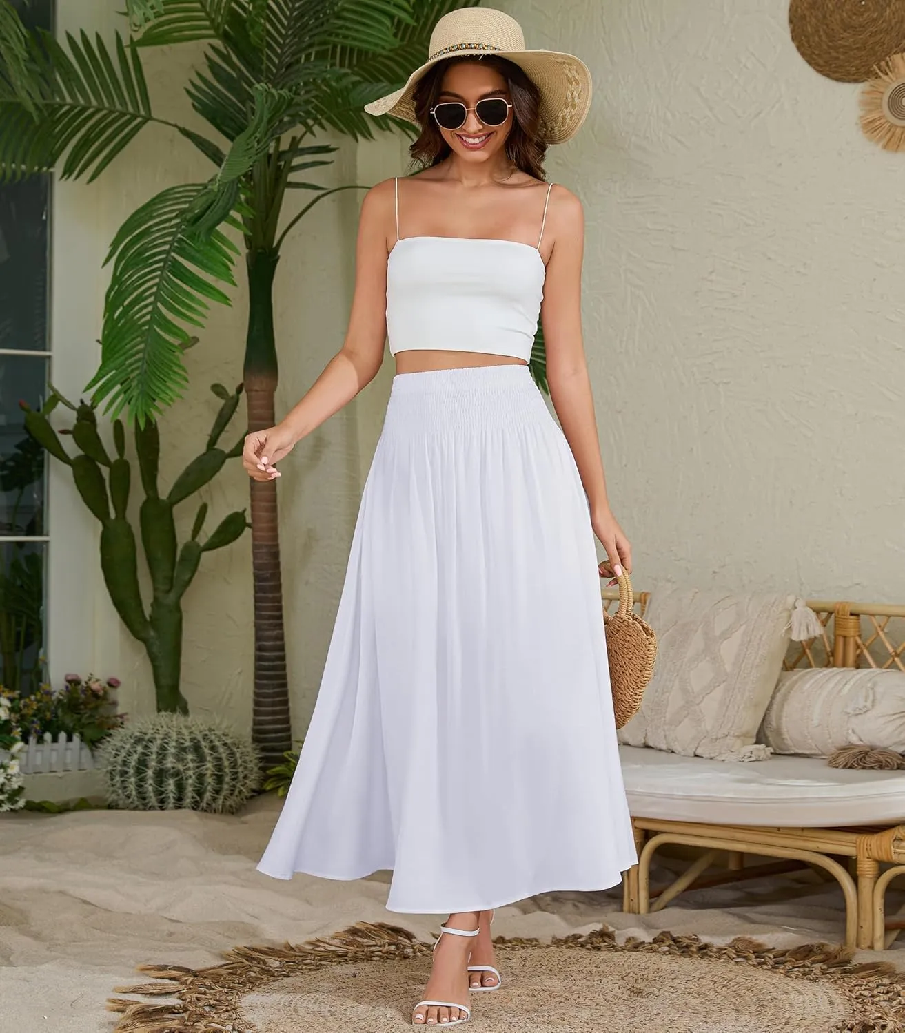 Women's Elastic High Waisted Midi Skirts with Pockets Trendy A-Line Flowy Swing Basic Skirt