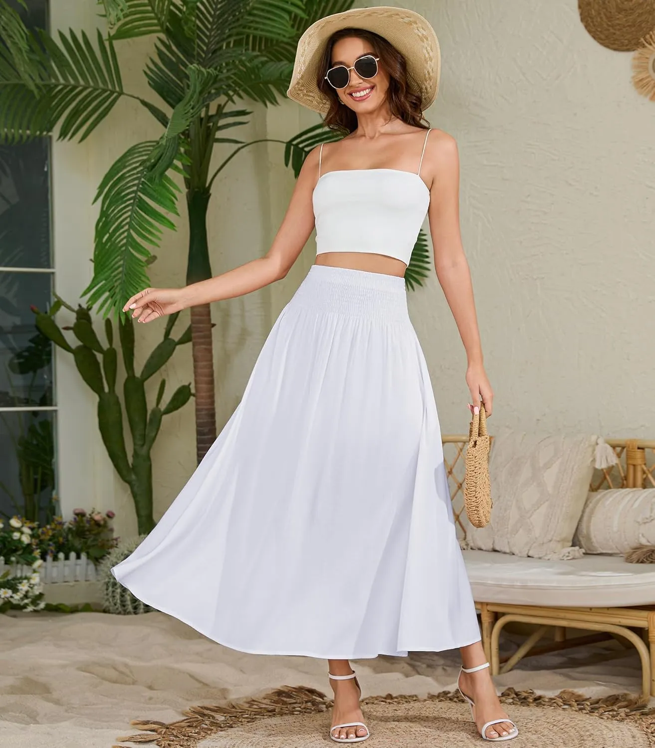 Women's Elastic High Waisted Midi Skirts with Pockets Trendy A-Line Flowy Swing Basic Skirt