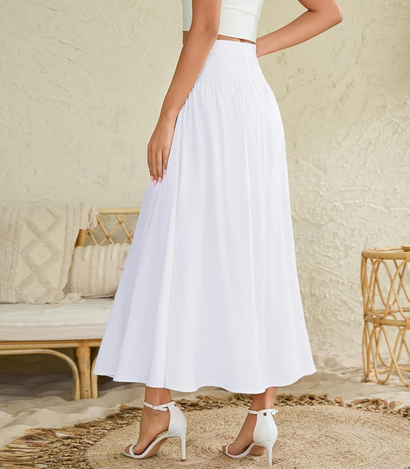 Women's Elastic High Waisted Midi Skirts with Pockets Trendy A-Line Flowy Swing Basic Skirt