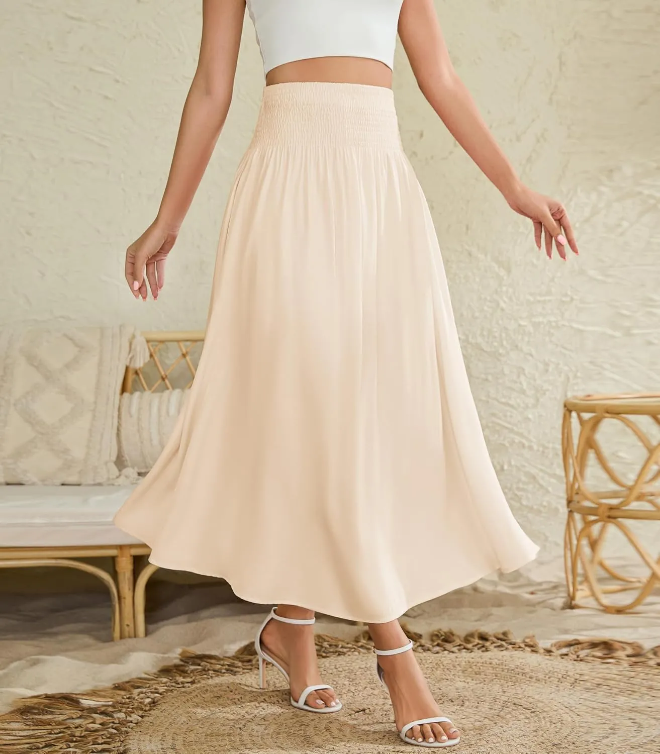 Women's Elastic High Waisted Midi Skirts with Pockets Trendy A-Line Flowy Swing Basic Skirt