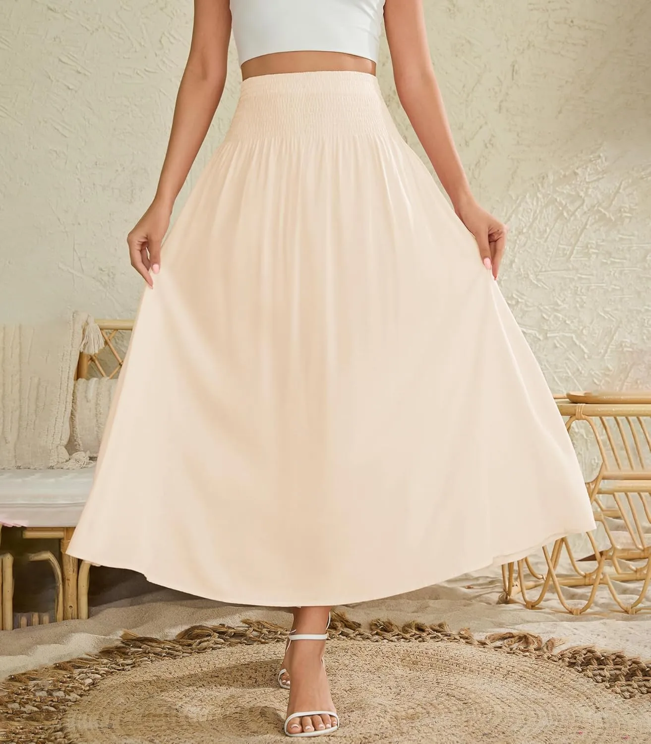 Women's Elastic High Waisted Midi Skirts with Pockets Trendy A-Line Flowy Swing Basic Skirt