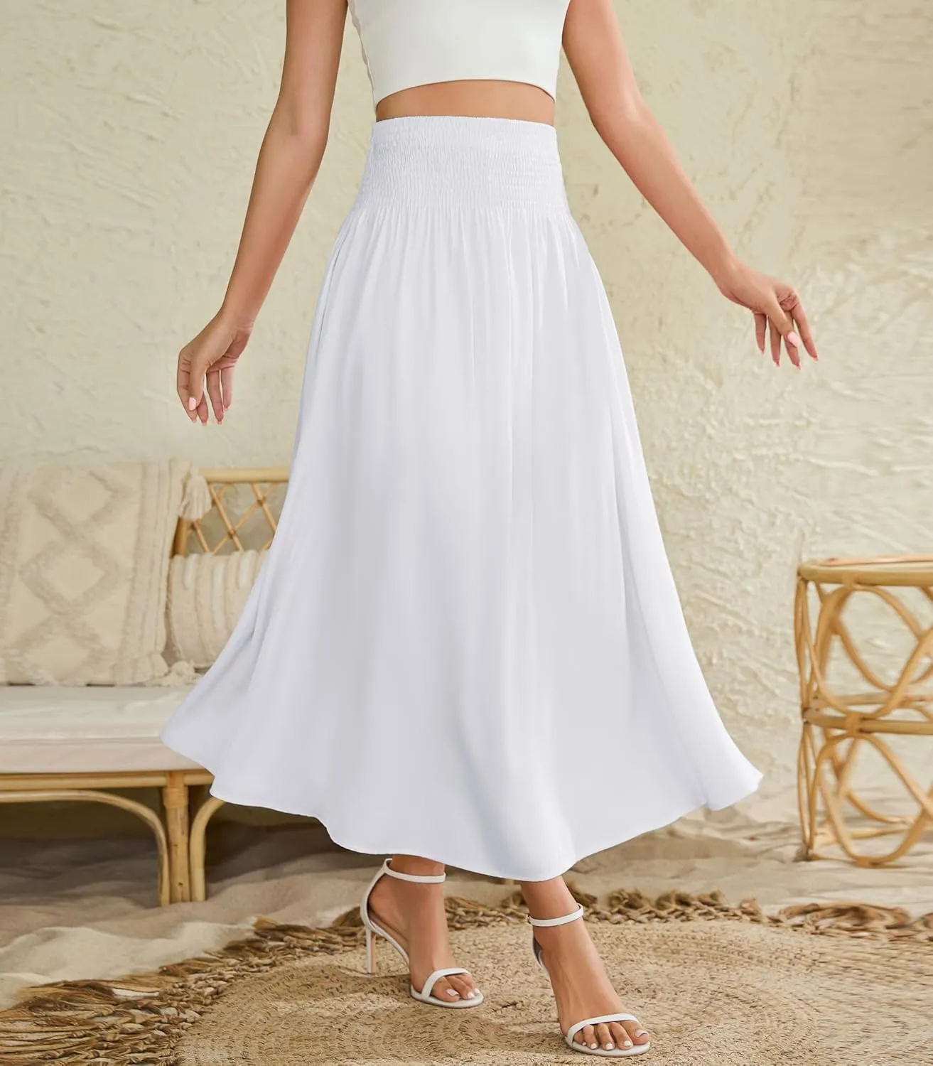 Women's Elastic High Waisted Midi Skirts with Pockets Trendy A-Line Flowy Swing Basic Skirt