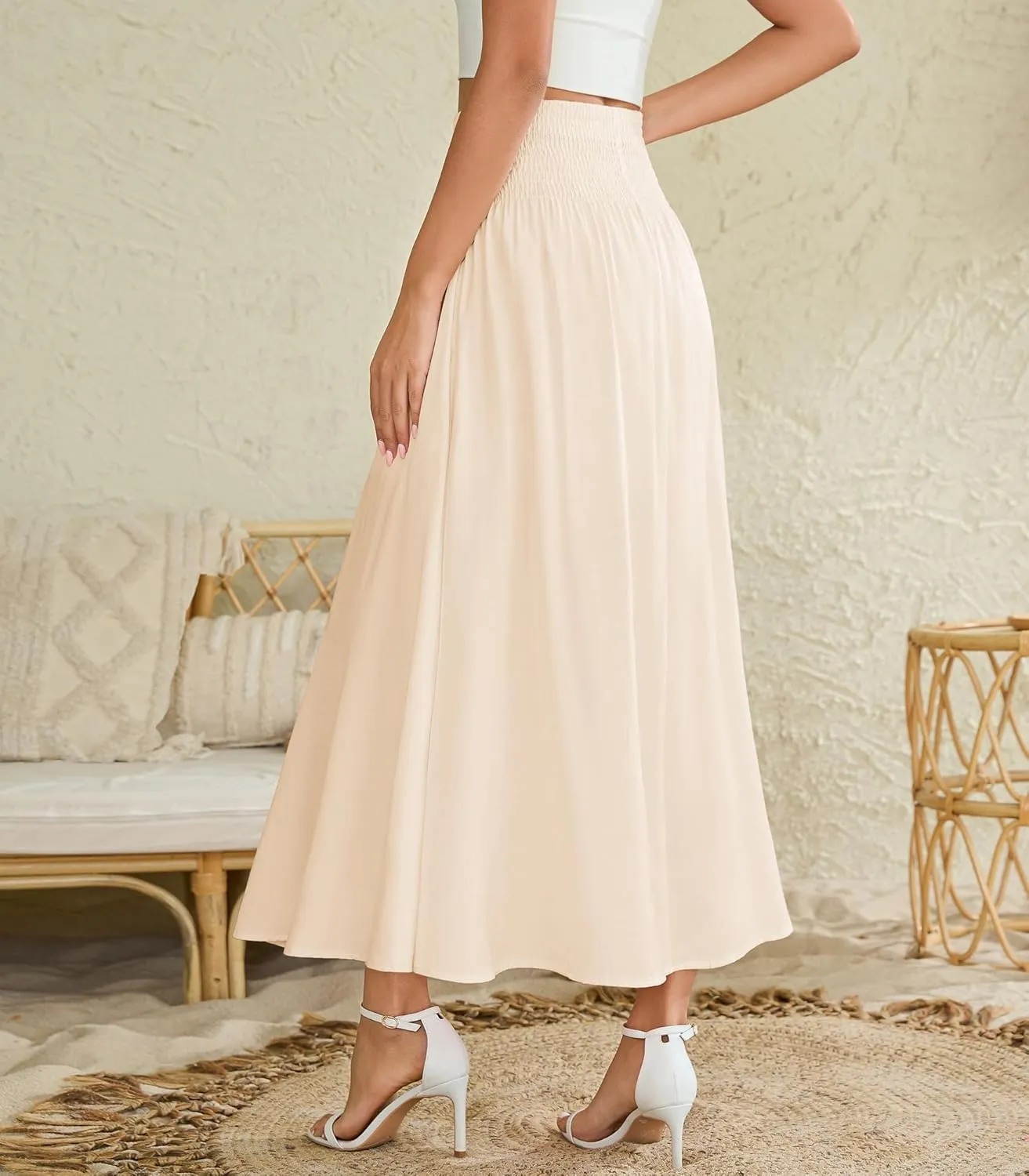 Women's Elastic High Waisted Midi Skirts with Pockets Trendy A-Line Flowy Swing Basic Skirt