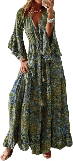 Womens Floral Boho Maxi Dress Deep V Neck Bell Sleeve Ethnic Loose Beach Cocktail Party Evening Long Dresses Plus Size