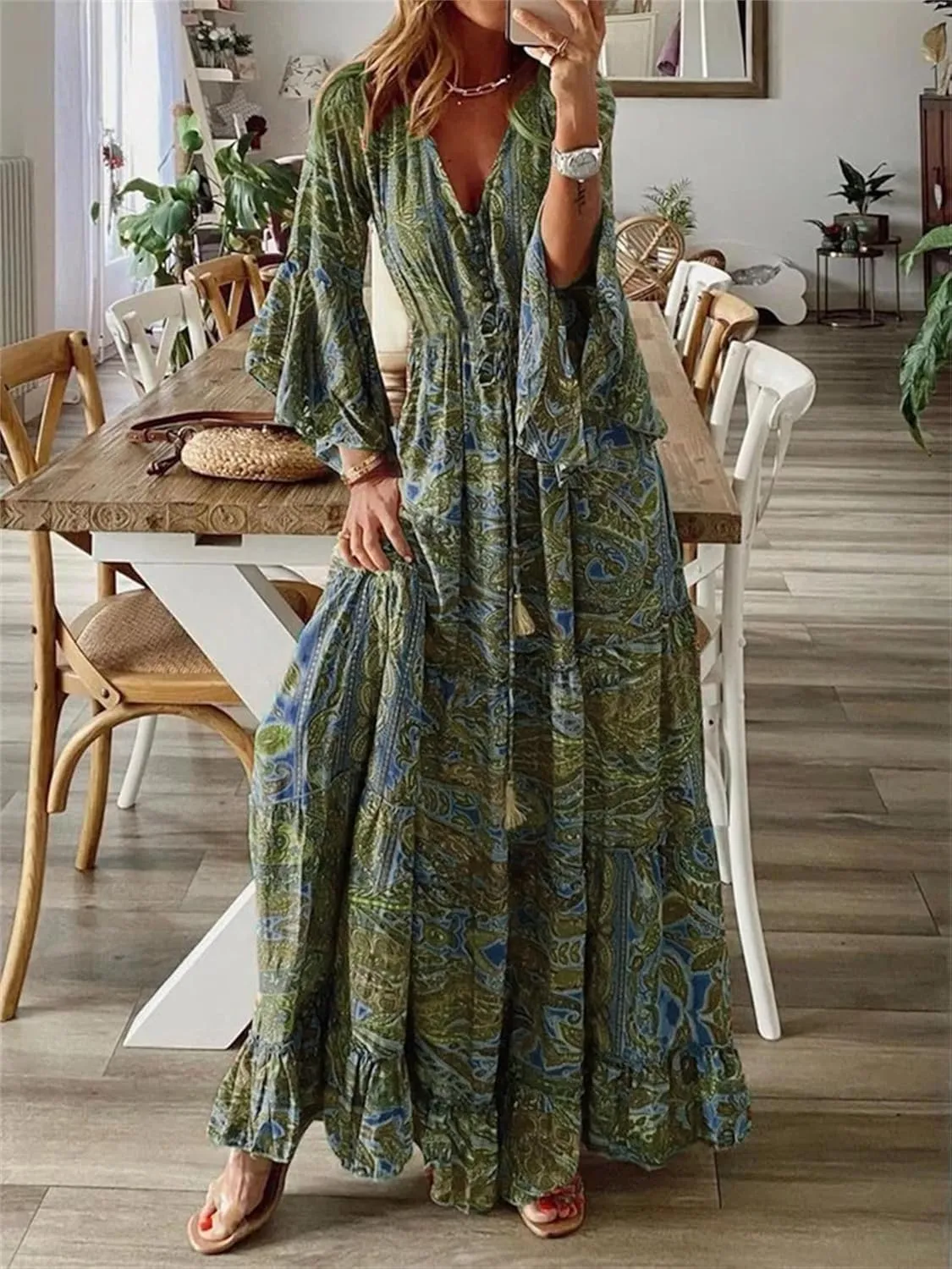 Womens Floral Boho Maxi Dress Deep V Neck Bell Sleeve Ethnic Loose Beach Cocktail Party Evening Long Dresses Plus Size