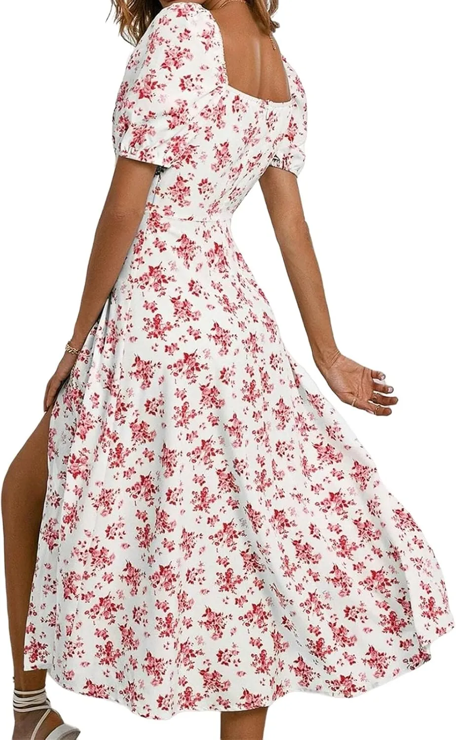 Women's Floral Dresses Summer Printed Romantic Midi Dress Slim Split Skirt High-Waisted Swing Flowy Beach Sundress