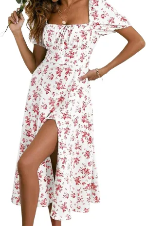 Women's Floral Dresses Summer Printed Romantic Midi Dress Slim Split Skirt High-Waisted Swing Flowy Beach Sundress