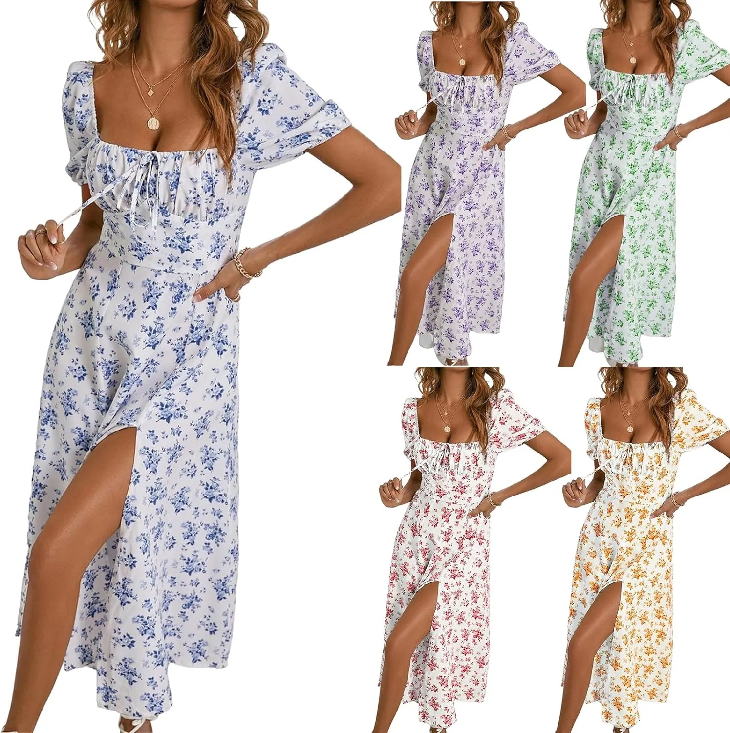 Women's Floral Dresses Summer Printed Romantic Midi Dress Slim Split Skirt High-Waisted Swing Flowy Beach Sundress