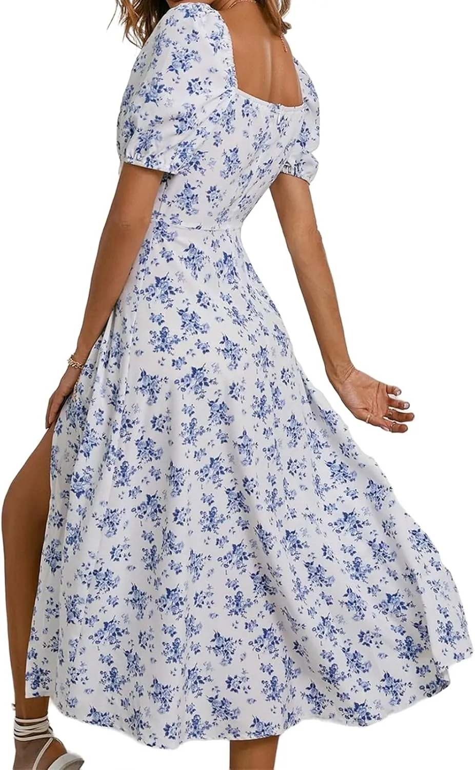 Women's Floral Dresses Summer Printed Romantic Midi Dress Slim Split Skirt High-Waisted Swing Flowy Beach Sundress