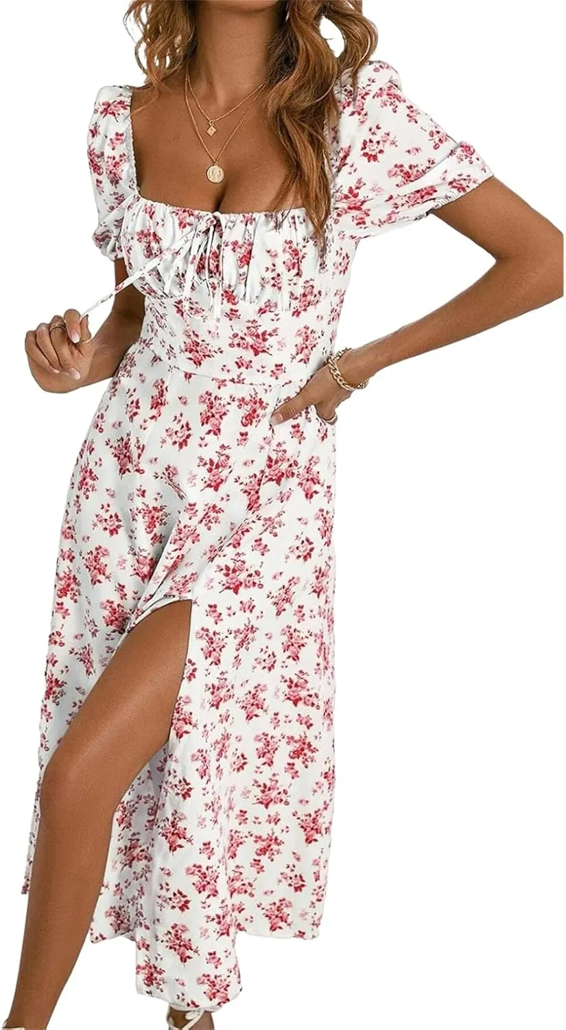 Women's Floral Dresses Summer Printed Romantic Midi Dress Slim Split Skirt High-Waisted Swing Flowy Beach Sundress
