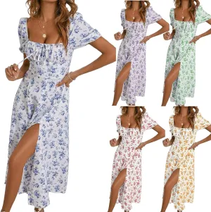 Women's Floral Dresses Summer Printed Romantic Midi Dress Slim Split Skirt High-Waisted Swing Flowy Beach Sundress