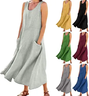 Womens Floral Maxi Dresses Plus Size Sleeveless Linen Boho Dress Long Flowy Sun Dress Summer Cotton Linen Tank Dress