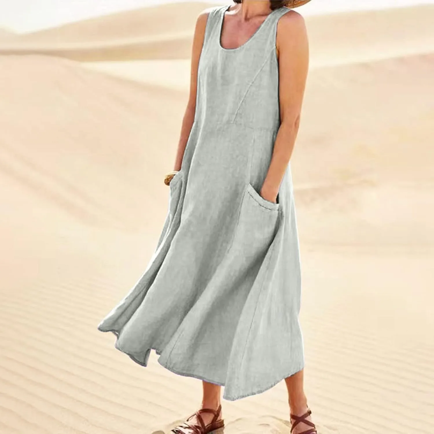 Womens Floral Maxi Dresses Plus Size Sleeveless Linen Boho Dress Long Flowy Sun Dress Summer Cotton Linen Tank Dress