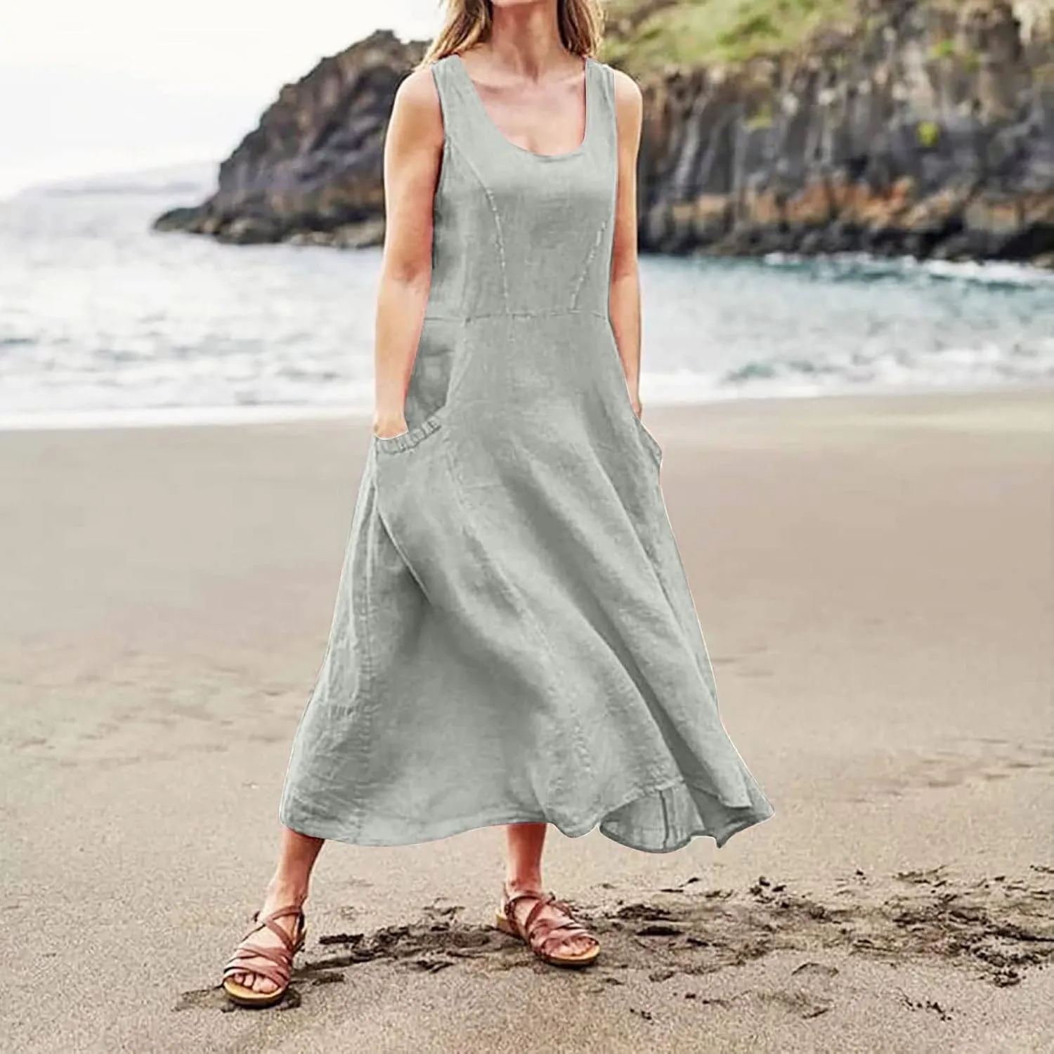 Womens Floral Maxi Dresses Plus Size Sleeveless Linen Boho Dress Long Flowy Sun Dress Summer Cotton Linen Tank Dress