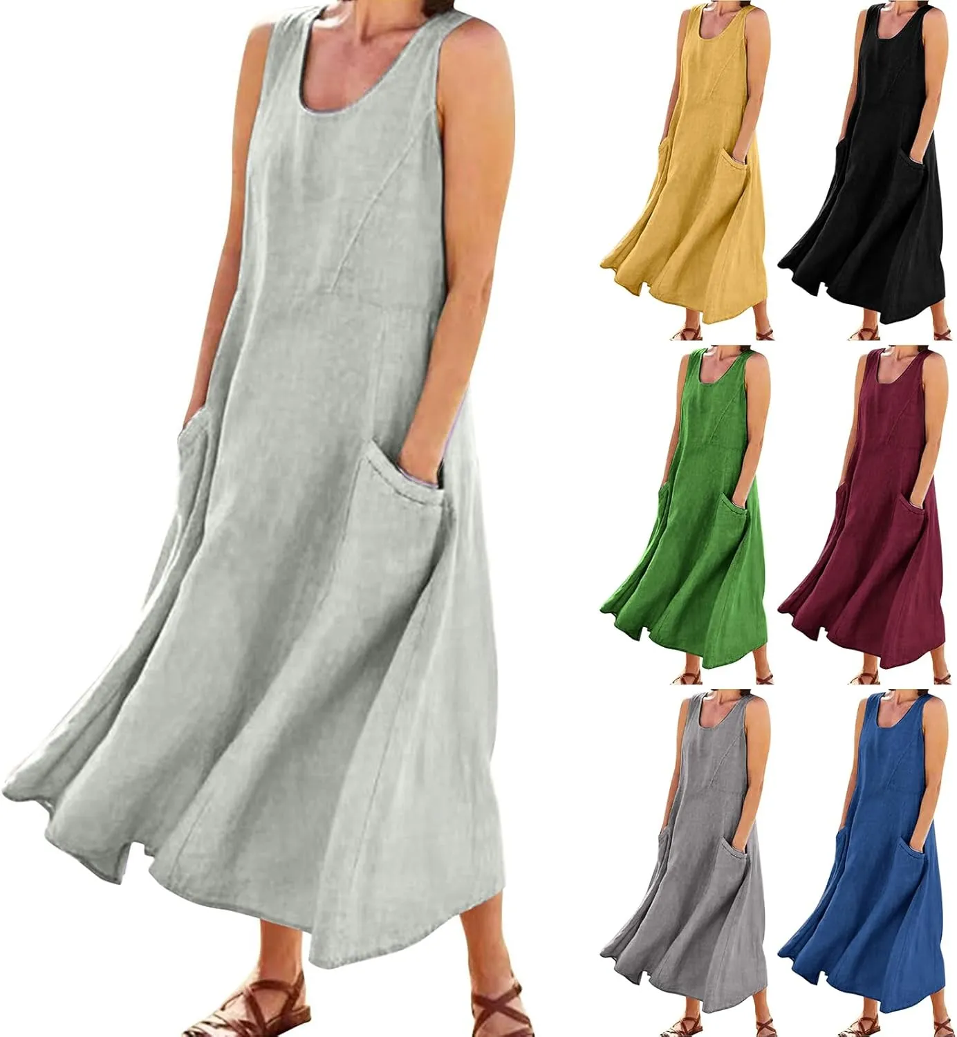 Womens Floral Maxi Dresses Plus Size Sleeveless Linen Boho Dress Long Flowy Sun Dress Summer Cotton Linen Tank Dress