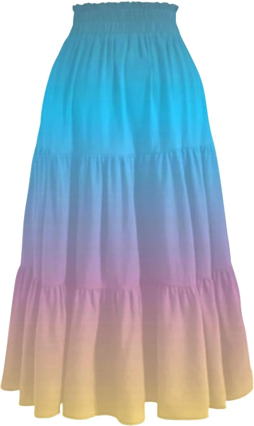 Womens Floral Midi Skirts A-Line Tiered Ruffle Boho Skirts Elastic Waist Flowy Skirt with Pockets