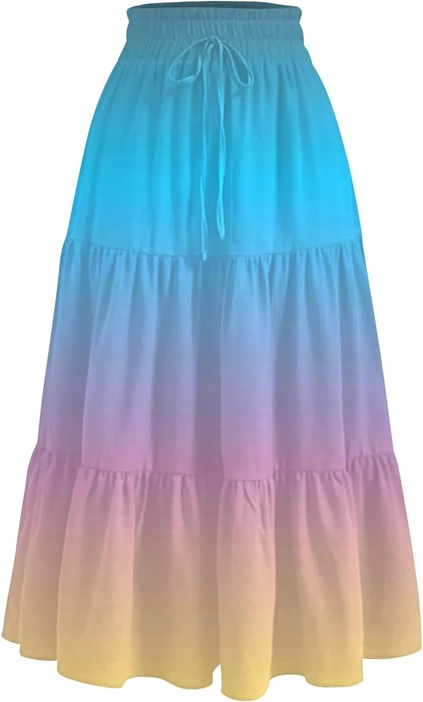 Womens Floral Midi Skirts A-Line Tiered Ruffle Boho Skirts Elastic Waist Flowy Skirt with Pockets