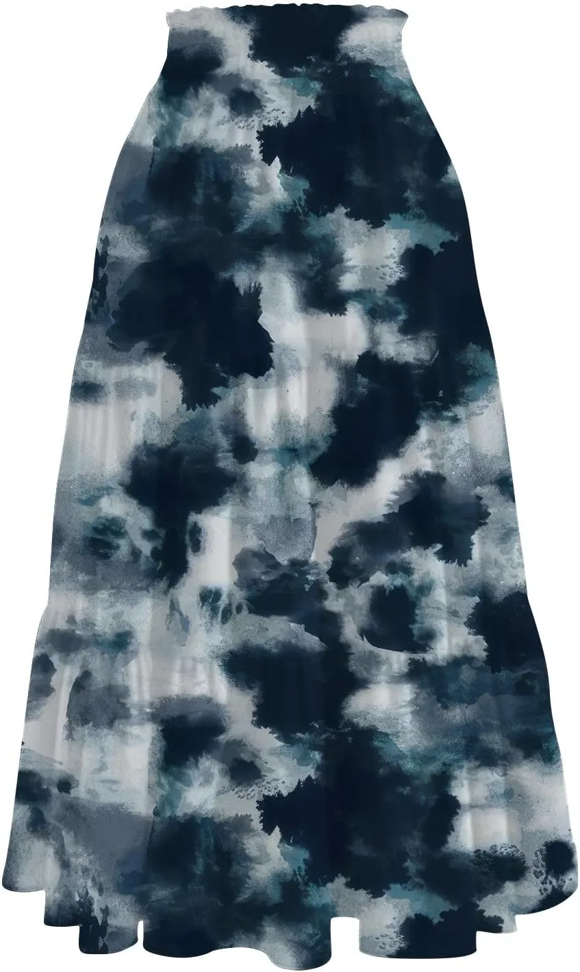 Womens Floral Midi Skirts A-Line Tiered Ruffle Boho Skirts Elastic Waist Flowy Skirt with Pockets